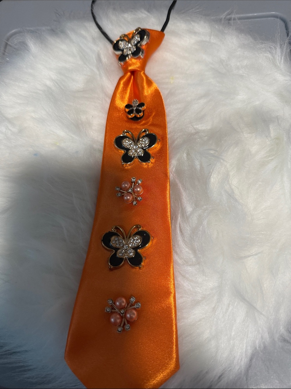 Orange Satin Tie Necklace with Butterfly & Pearl Charms